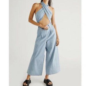 18)NWT Free People Sasha Convertible Wide Leg Jeans Size Medium Light Blue Denim